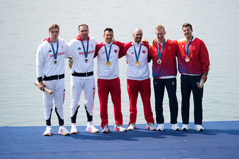 Men's pair rowing final: Britain's Oliver Wynne-Griffith and Tom George (Silver), Croatia's Valent Sinkovic and Martin Sinkovic (Gold) and Switzerland's Roman Roeoesli and Andrin Gulich (Bronze)